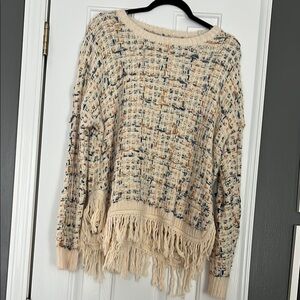 Fate Cream and Blue Crew Neck Sweater with Fringe